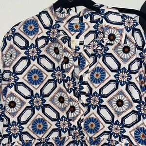 Maeve  Bettina midi tiered Shirt Dress Blue and White Geometric Floral Shirt